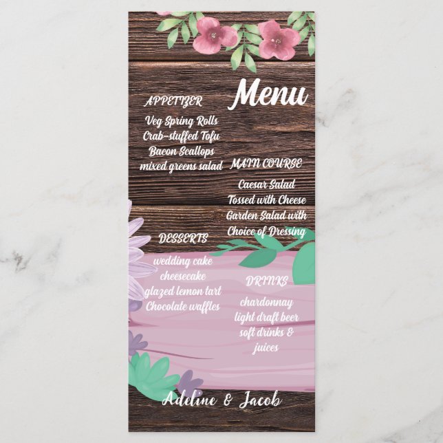Rustic Wooden floral script wedding menu card (Front)