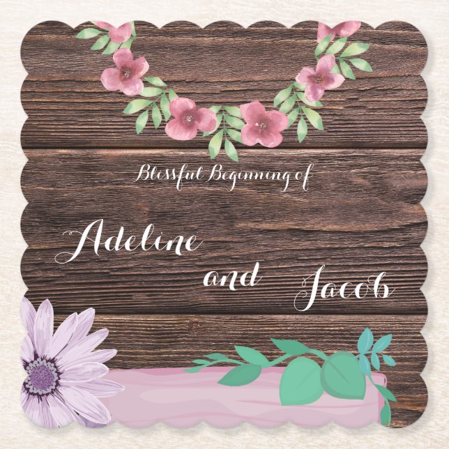 Rustic wooden floral wedding coaster (Front)
