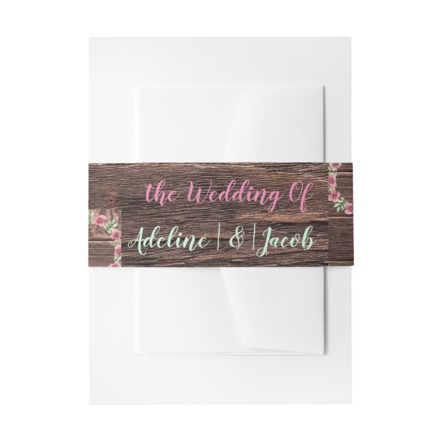 Rustic Wooden Floral Wedding Invitation Belly Band (Front Example)