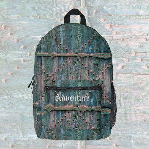 Rustic wooden gate and iron in blue, personalised  printed backpack