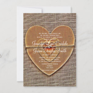 Rustic Wooden Heart Burlap Country Wedding Invites