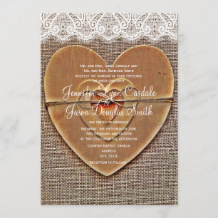 Rustic Wooden Heart Burlap Lace Wedding Invitation