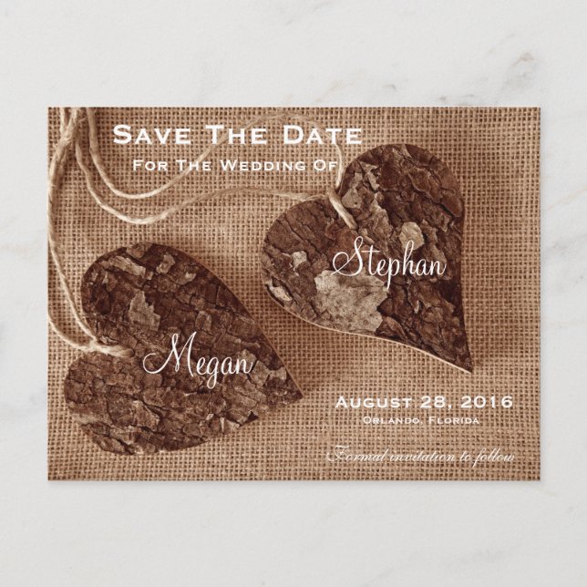 Rustic Wooden Hearts Wedding SaveTheDate Postcard (Front)