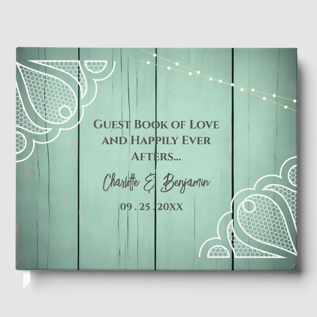 Rustic Wooden Lace Fairy Lights Wedding Guest Book (Front)