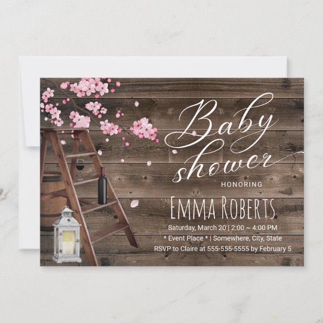 Rustic Wooden Ladder Cherry Blossom Baby Shower Invitation (Front)