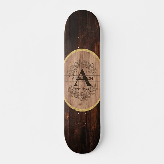 Rustic Wooden Monogram Name Custom Family Name Skateboard (Front)