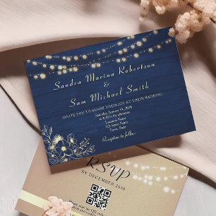 Rustic Wooden Navy Blue Wedding Invitation