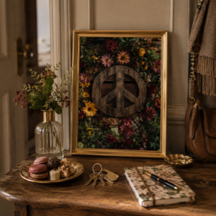 Rustic wooden peace sign with wildflowers