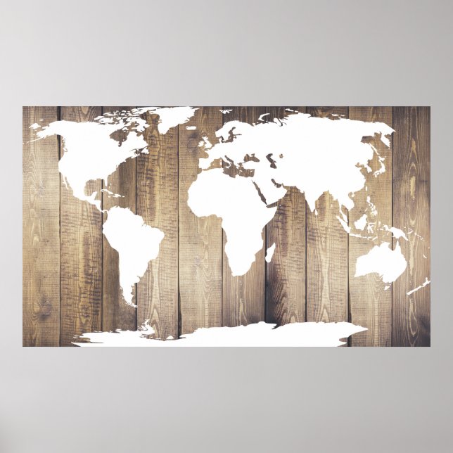 Rustic Wooden Planks White World Map Poster (Front)