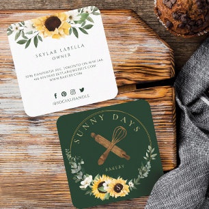 Rustic Wooden Rolling Pin Yellow Sunflower Bakery Square Business Card