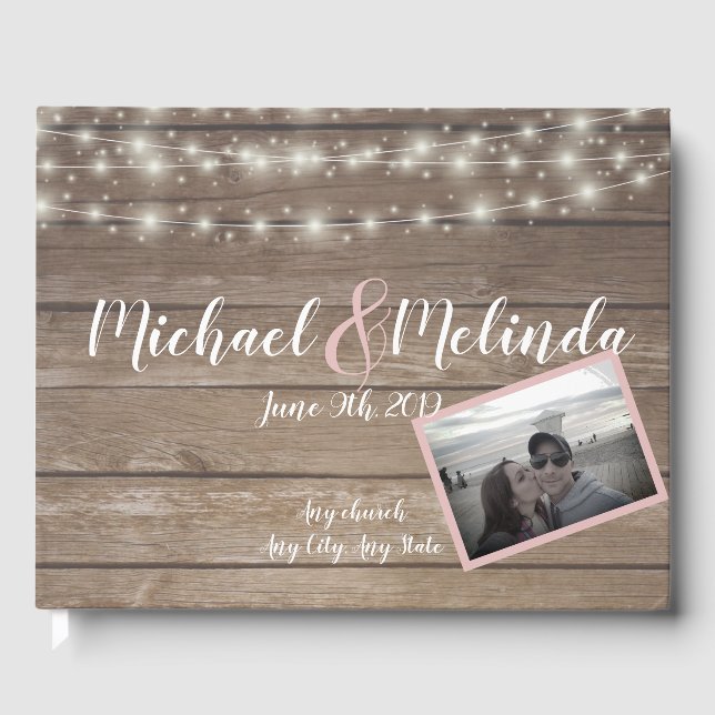Rustic wooden string Lights and photo Wedding Guest Book (Front)