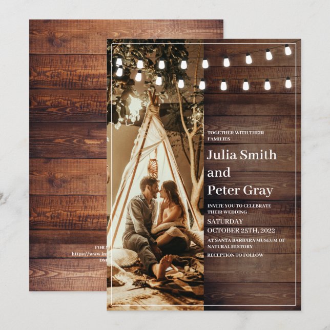 Rustic Wooden String Lights Photo Wedding Invitation (Front/Back)