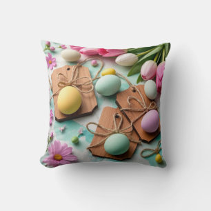 Rustic wooden tags with painted Easter eggs  Cushion