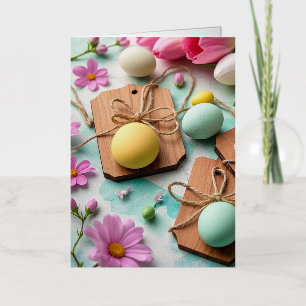 Rustic wooden tags with painted Easter eggs Foil Greeting Card