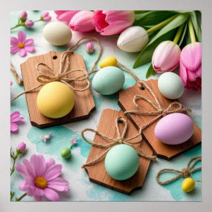 Rustic wooden tags with painted Easter eggs  Poster