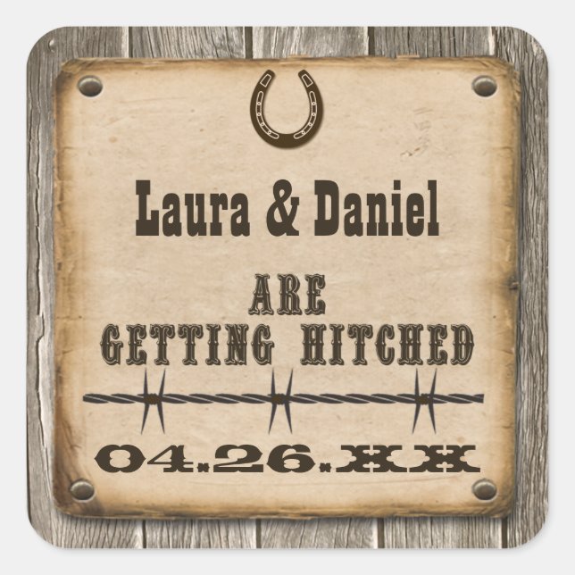 Rustic Wooden Western Style Wedding Favour Sticker (Front)
