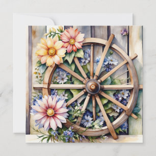 Rustic Wooden Wheel with Flowers  Card