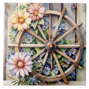 Rustic Wooden Wheel with Flowers  Tile