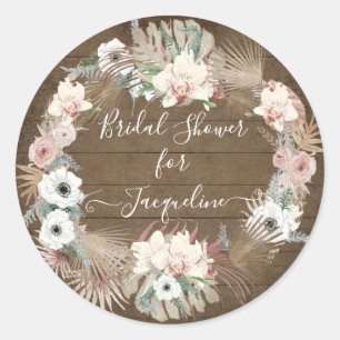 Rustic Wooden White Floral Palm Greenery Foliage Classic Round Sticker