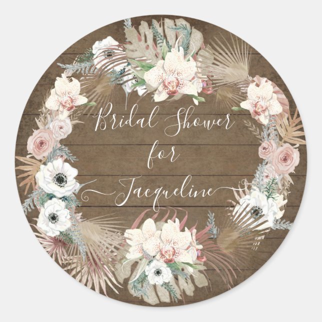 Rustic Wooden White Floral Palm Greenery Foliage Classic Round Sticker (Front)