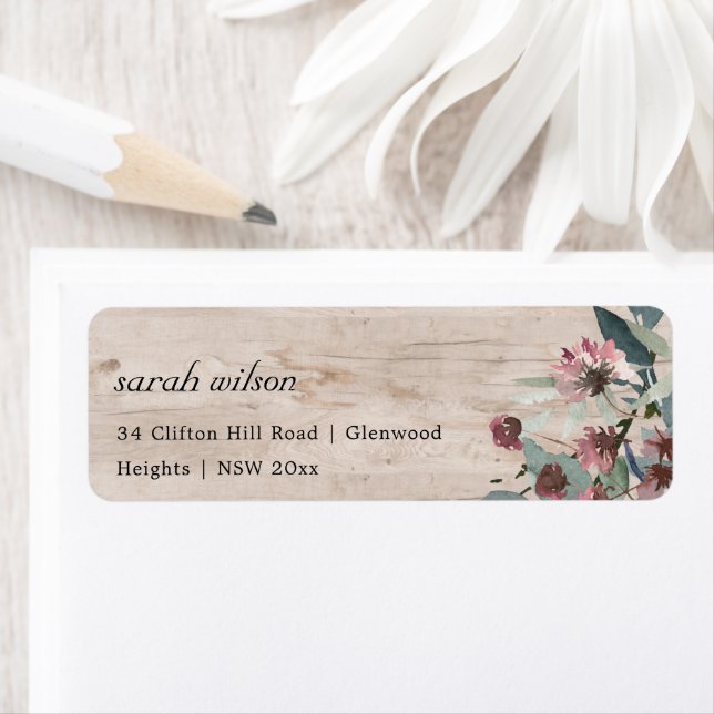 Rustic Wooden Wild Pink Eucalyptus Floral Address (Insitu)