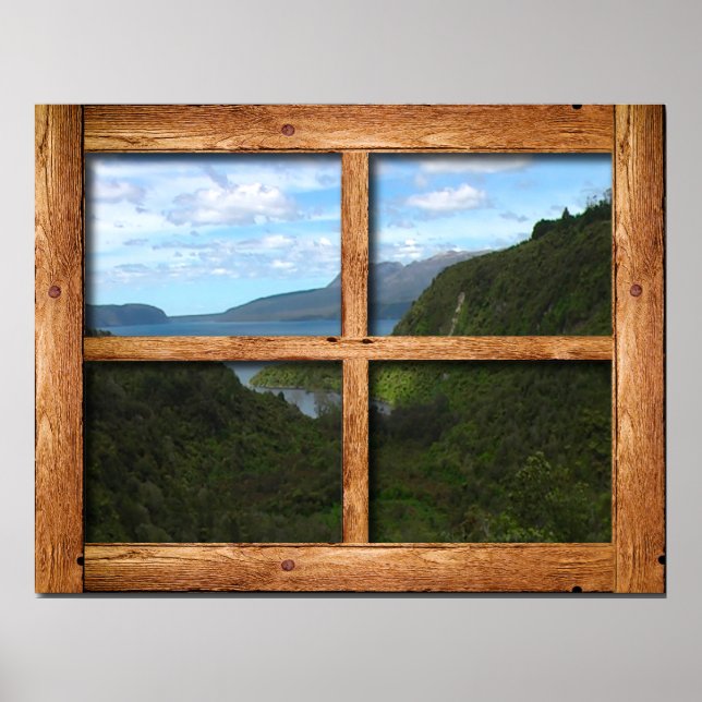 Rustic wooden window frame view of New Zealand Poster (Front)