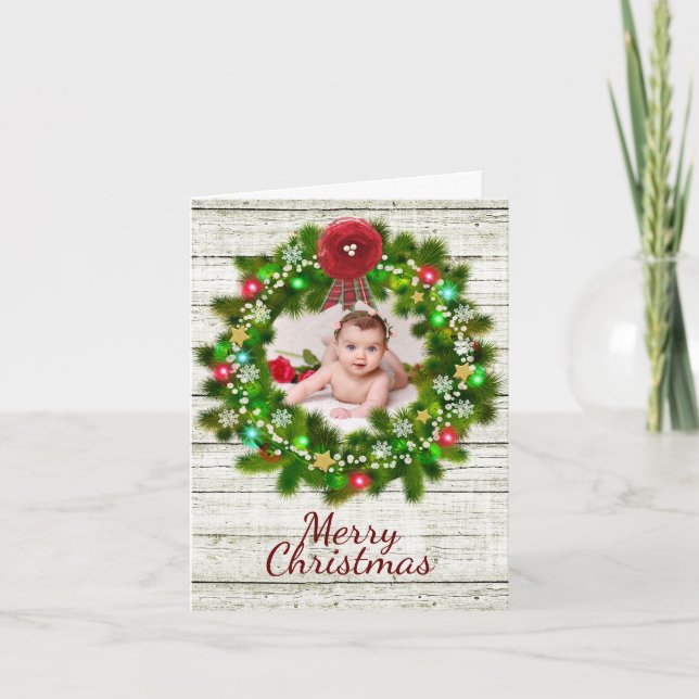 Rustic Woodgrain and Wreath Christmas Photo Card (Front)
