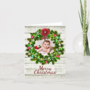 Rustic Woodgrain and Wreath Christmas Photo Card