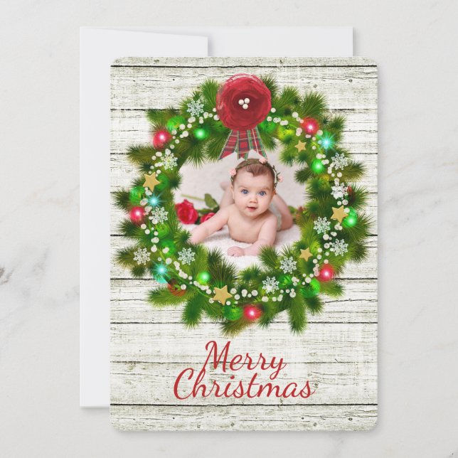 Rustic Woodgrain and Wreath Christmas Photo Card (Front)