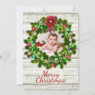 Rustic Woodgrain and Wreath Christmas Photo Card