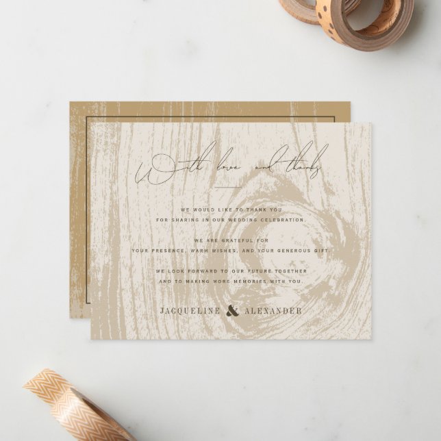 Rustic Woodgrain Autumn Fall Wedding Thank You Note Card (Front/Back In Situ)