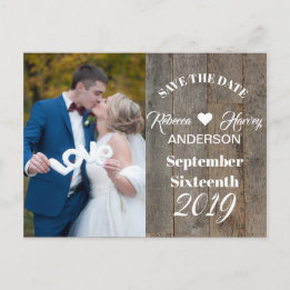 Rustic woodgrain barn wedding save the date announcement postcard