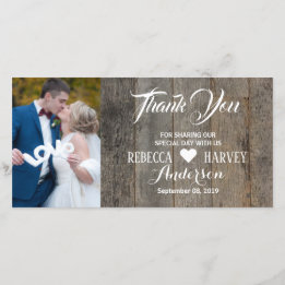 Rustic woodgrain barn wedding thank you card