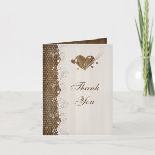 Rustic Woodgrain Floral Lace Hearts Thank You Card