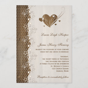 Rustic Woodgrain Floral Lace Hearts Wedding Invite