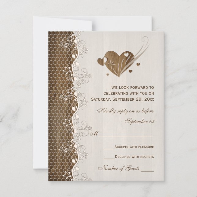 Rustic Woodgrain Floral Lace Hearts Wedding RSVP (Front)