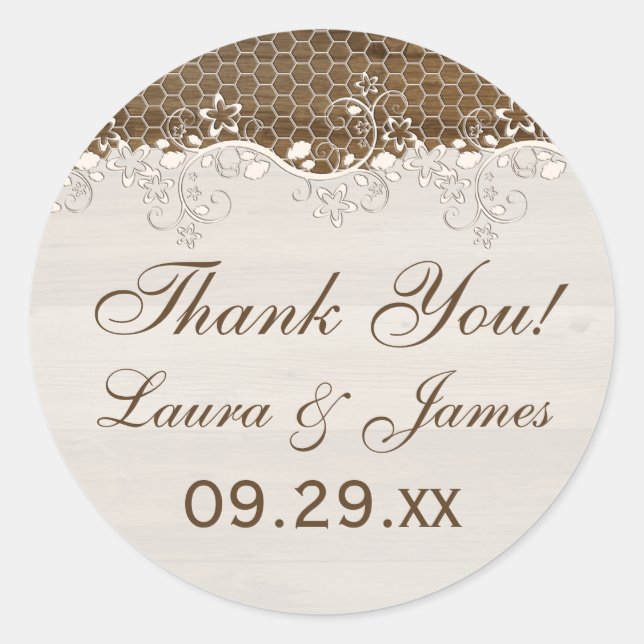 Rustic Woodgrain Floral Lace Wedding Favour Sticke Classic Round Sticker (Front)
