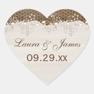 Rustic Woodgrain Floral Lace Wedding Favour Sticke Heart Sticker