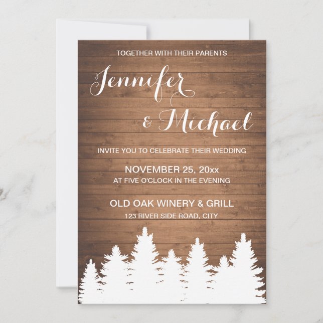 Rustic woodgrain forest wedding invitation card (Front)
