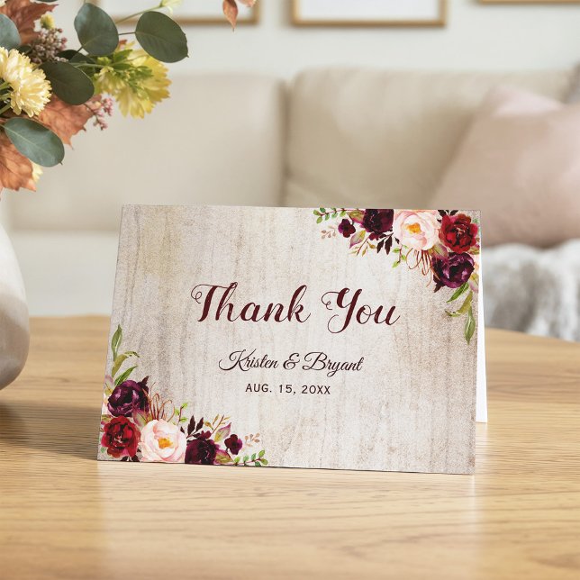 Rustic Woodgrain Look Burgundy Floral Thank You Card (Creator Uploaded)