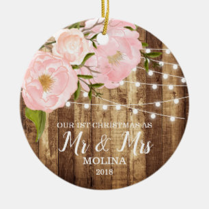 Rustic Woodgrain & Pink Floral Mr Mrs Newlywed Ceramic Tree Decoration