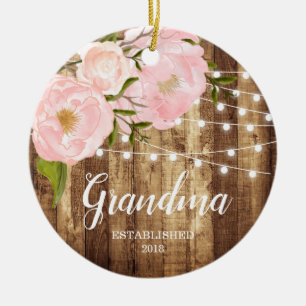 Rustic Woodgrain & Pink Floral New Grandma Nonna Ceramic Tree Decoration