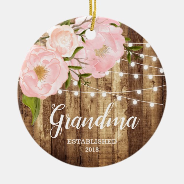 Rustic Woodgrain & Pink Floral New Grandma Nonna Ceramic Tree Decoration (Front)