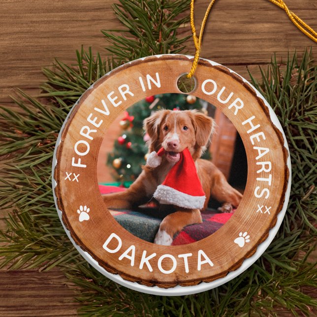 Rustic Woodgrain Slice Memorial Pet Photo Ceramic Tree Decoration (Rustic Woodgrain Slice Memorial Pet Photo Ceramic Ornament)