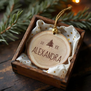 Rustic Woodgrain Slice Personalised Name & Photo Ceramic Tree Decoration