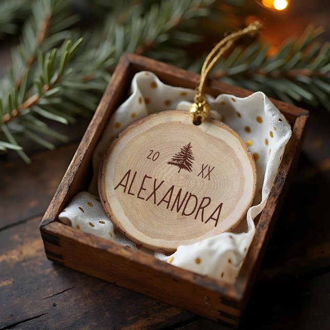 Rustic Woodgrain Slice Personalised Name & Photo Ceramic Tree Decoration (Rustic Woodgrain Slice Personalized Name & Photo Ceramic Ornament)