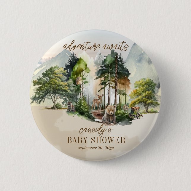 Rustic Woodland Adventure Awaits Boy Baby Shower 6 Cm Round Badge (Front)