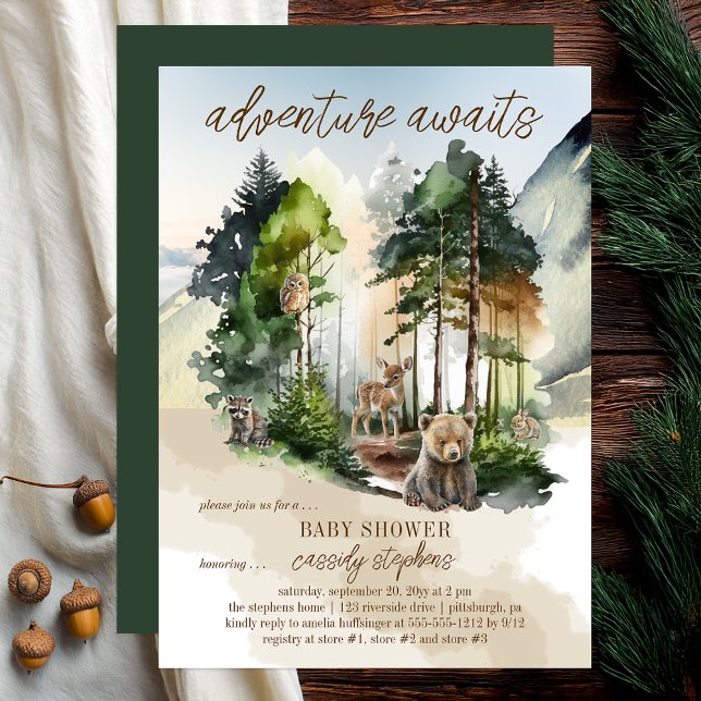 Rustic Woodland Adventure Awaits Boy Baby Shower Invitation ("adventure awaits" rustic woodland bear and forest animals boy baby shower design -- print | digital)