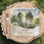 Rustic Woodland Adventure Awaits Boy Baby Shower Paper Plate<br><div class="desc">Step into the enchanting world of the Rustic Woodland Adventure Awaits Boy Baby Shower. This captivating invitation and accessories collection brings the magic of a woodland forest to life, where a delightful scene unfolds before your eyes. Amidst the lush greenery and a backdrop of mountains and blue sky, a baby...</div>