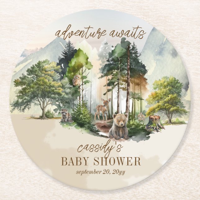 Rustic Woodland Adventure Awaits Boy Baby Shower Round Paper Coaster (Front)